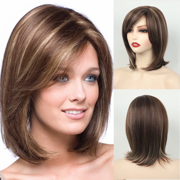 Women Short Straight Bob Wig Side Bangs Heat Resistant Synthetic Hair