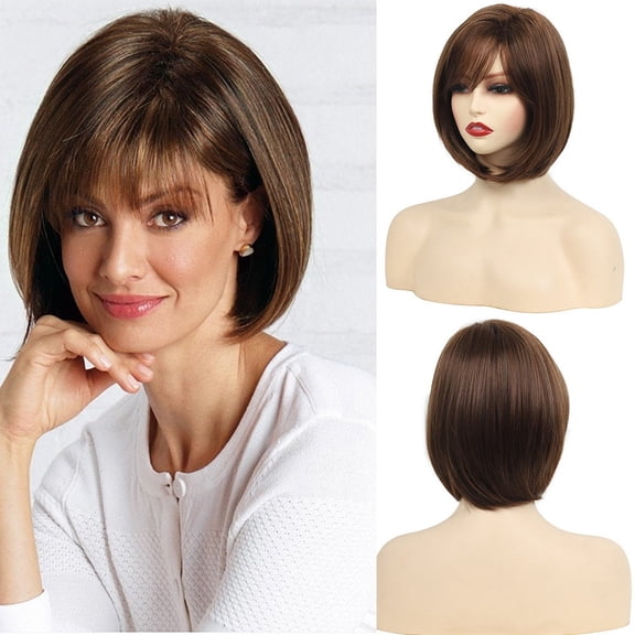 Women Short Straight Bob Wig Side Part Side Bangs Heat Resistant Synthetic Hair