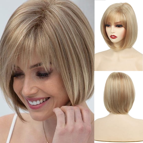 Women Short Straight Bob Wig Side Part Side Bangs Heat Resistant Synthetic Hair