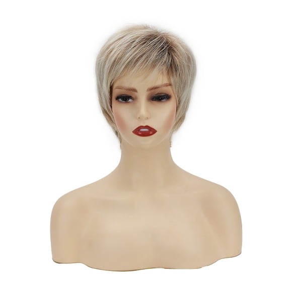 Women Short Straight Fluffy Wig Side Part Bangs Heat Resistant Synthetic Hair
