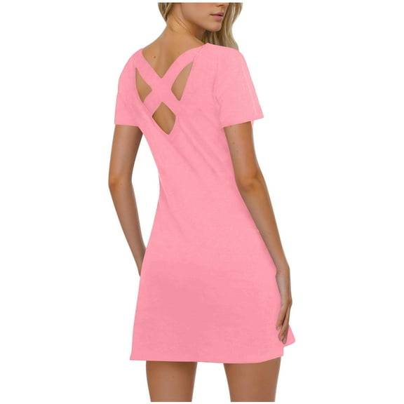 Women Short T Shirt Dress Cross Back Trendy A-Line Mini Tshirt Dress Short Sleeve Tennis Casual Dress, Pink L