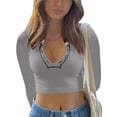 thumbnail image 1 of Women Short Top Shirt, Long Sleeve Patchwork Ribbed Front Button V-Neck Cropped Tops, 1 of 2