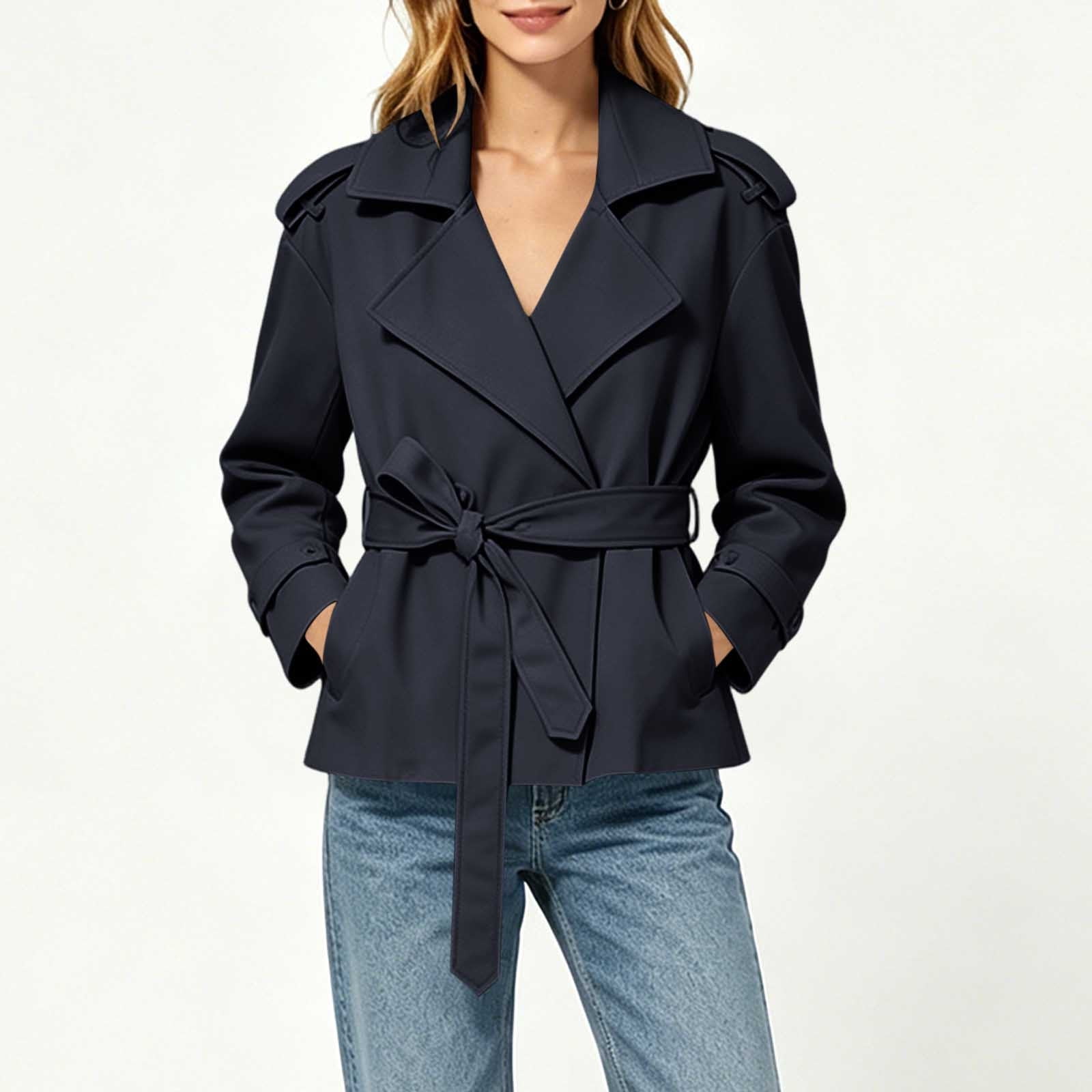 SENEE waist belt trench jacket （S） Women Short Trench Coat Lapel