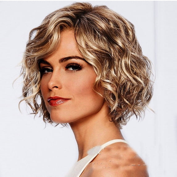 Women Short Wavy Curly Brazilian Wig with Parting High Temperature Synthetic Hair