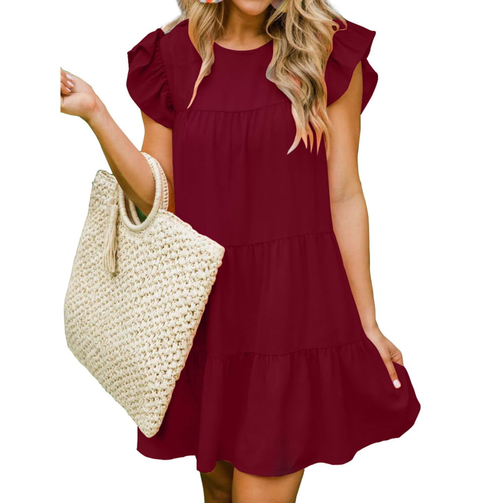 Women Short-sleeved Round-Neck Dress Fashionable Solid Color Loose Sexy ...