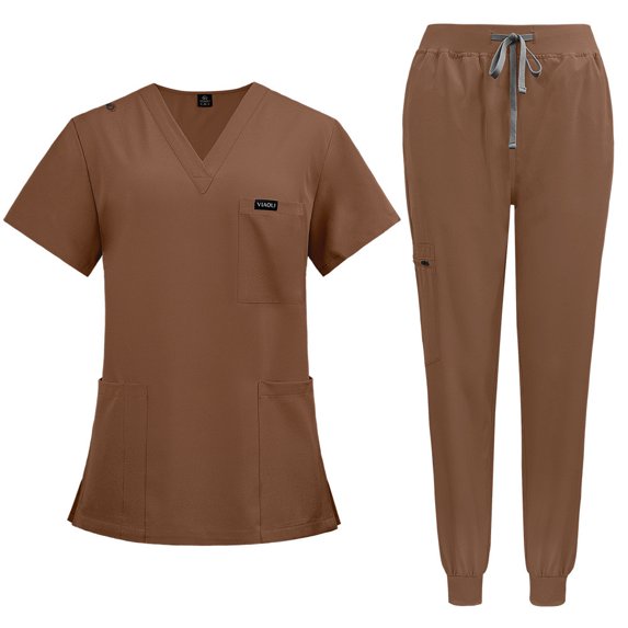 Women Short-sleeved V-neck Top and Jogger Pants Scrubs Medical Nursing Uniforms Set,L,brown