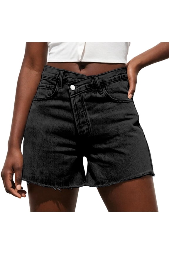 Women Shorts Asymmetrical Waist Denim Shorts for Women Slim Fit Versatile Wide Leg Casual Summer Designer Bottoms Black XL