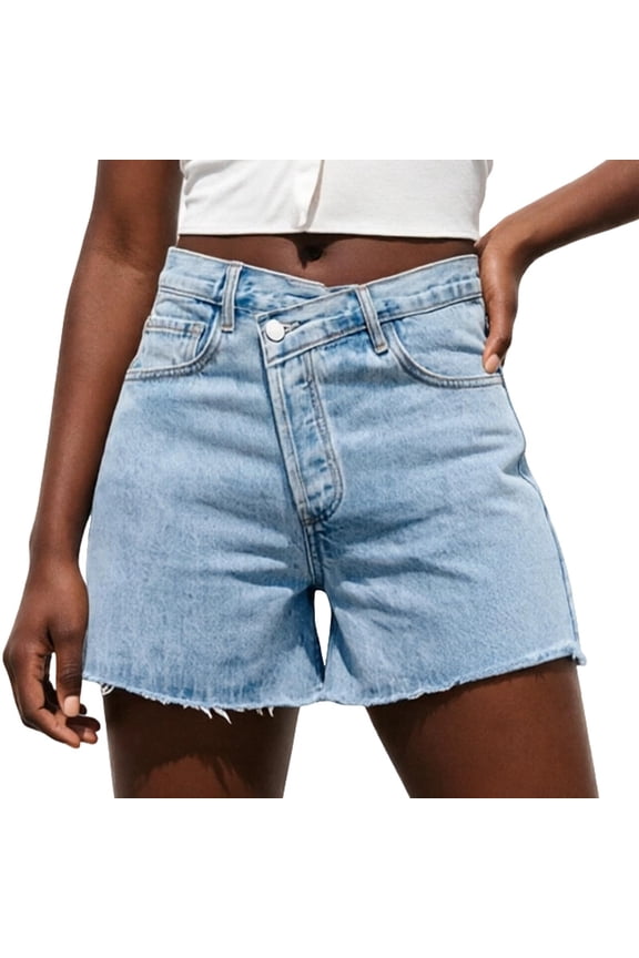 Women Summer Shorts Women's Designer Asymmetrical Waist Denim Shorts for Slim Fit Versatile Wide Leg Casual Summer Style Blue L