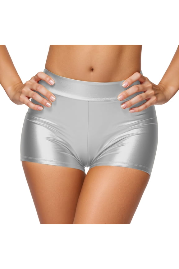 Women Shorts Carnival Clothes For High Waisted Metallic Booty Shorts Rave Bottoms For Dancing Hot Pants Clubwear Mardi Gras Silver M
