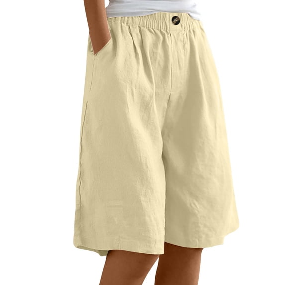 Women Shorts Clearance Summer Cotton Linen Shorts Loose Fit Elastic Waist Knee Length Cosy Shorts Beach Shorts with Pockets Casual Shorts