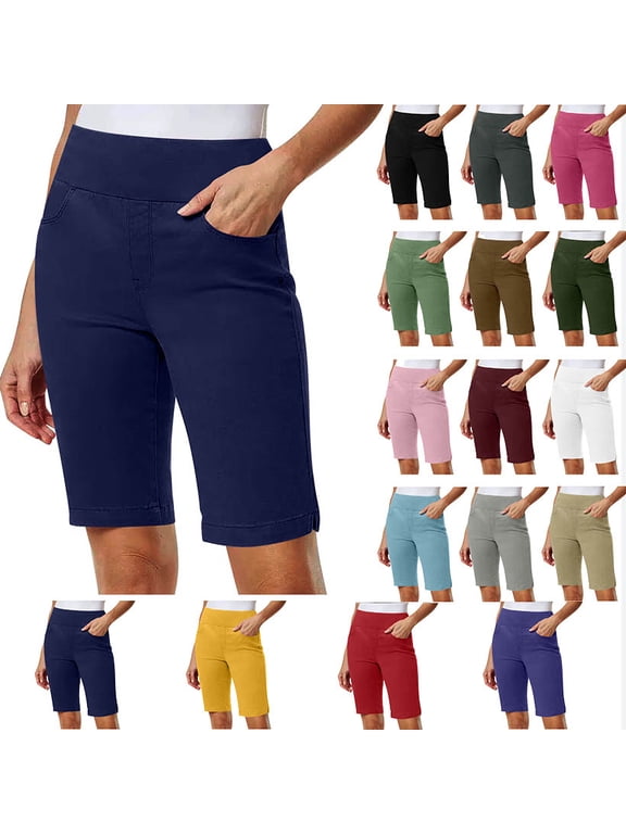 Women Shorts Solid Stretch Pull On Regular Summer Casual High Waist Yoga Half Shorts Pants