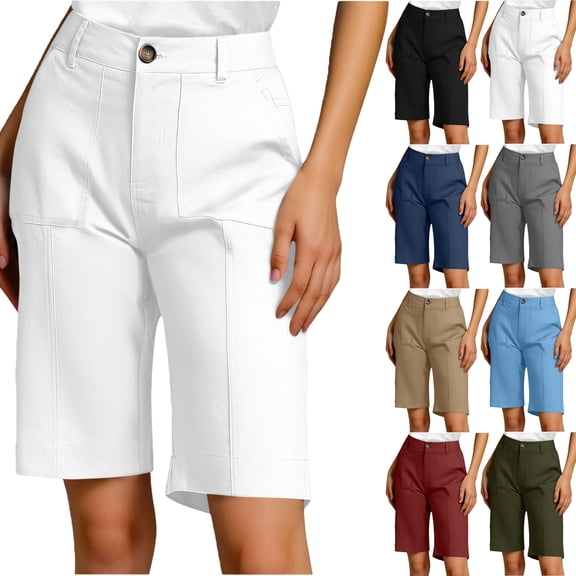 Women Shorts Clearance under $10 Women Summer Casual Solid Color Slim Button Pocket Workwear Cropped Pants