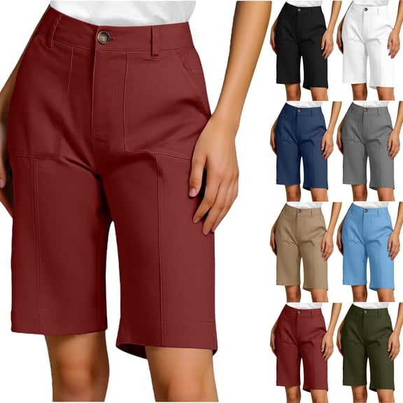 Women Shorts Clearance under $10 Women Summer Casual Solid Color Slim Button Pocket Workwear Cropped Pants