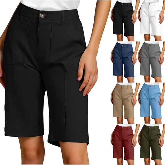 Women Shorts Clearance under $10 Women Summer Casual Solid Color Slim Button Pocket Workwear Cropped Pants