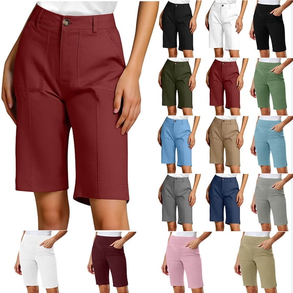 Women Shorts Clearance under $10 Women Summer Casual Solid Color Slim Button Pocket Workwear Cropped Pants