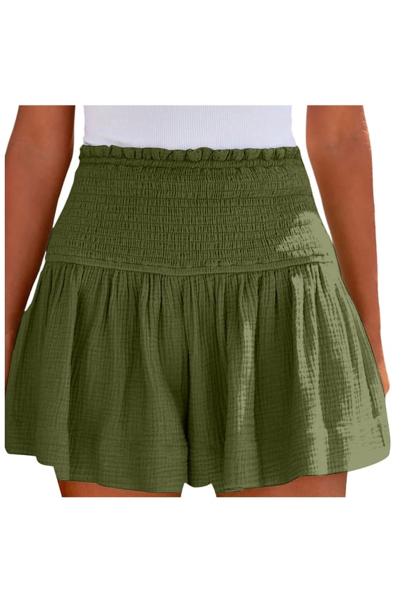 Women Shorts Cotton High Waisted Shorts Pleated Smocked Cute Flowy Beach Smocking Solid Color Summer Casual Ruffle Lounge Bottoms