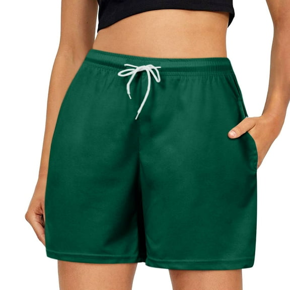 Women Shorts Drawstring Solid Color Elastic Waist Shorts with Pocket Summer Casual Pants Womens Running Shorts Dark Green L