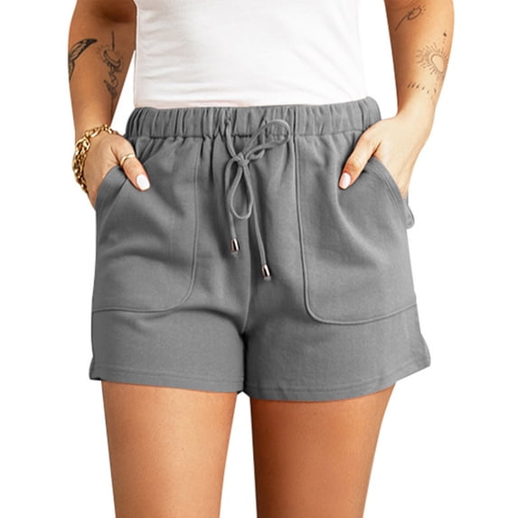 Women Shorts High Waist Elastic Pants Drawstring Pure Color Shorts Summer Casual Pants Gery XXL