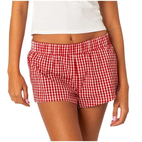 Women Shorts Ladies Summer Casual Loose Checkered Plaid Beach Short Pants Red XL