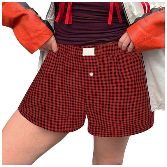 Women Shorts Plaid Print Button Front Pajama Bottoms Polyester Spandex Summer Sleepwear Beach Party Wear