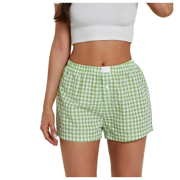 Women Shorts Plaid Print Button Front Pajama Bottoms Polyester Spandex Summer Sleepwear Beach Party Wear