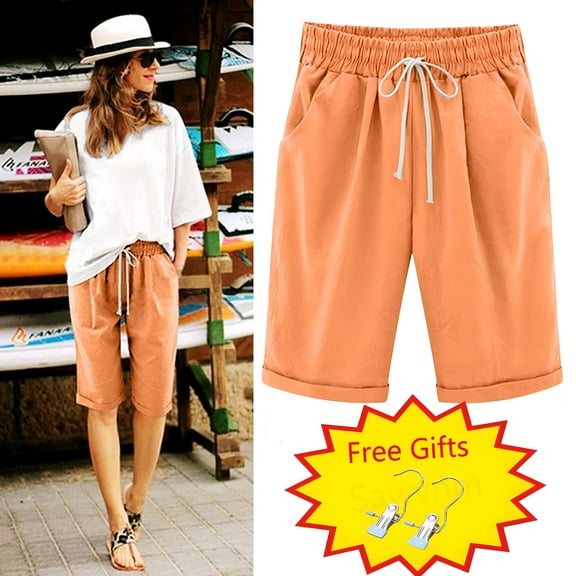 Women Shorts Sawvnm Women's Summer Solid Five Points Large Size Cotton Linen Pants Casual Pants Summer Gift Orange 5XL