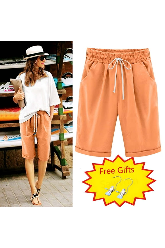 Women Shorts Sawvnm Women's Summer Solid Five Points Large Size Cotton Linen Pants Casual Pants Summer Gift Orange 5XL