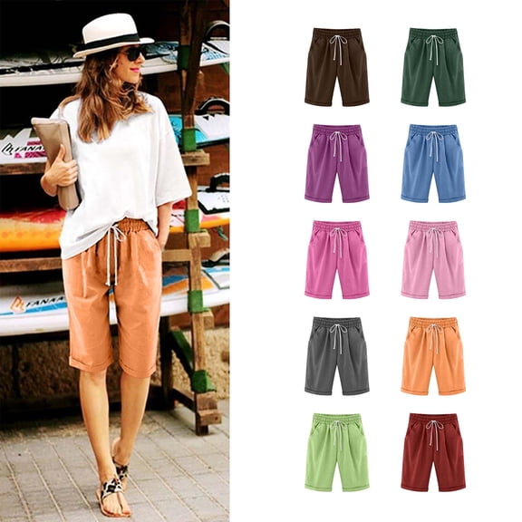 Women Shorts Sawvnm Women's Summer Solid Five Points Large Size Cotton Linen Pants Casual Pants Summer Gift Orange 5XL