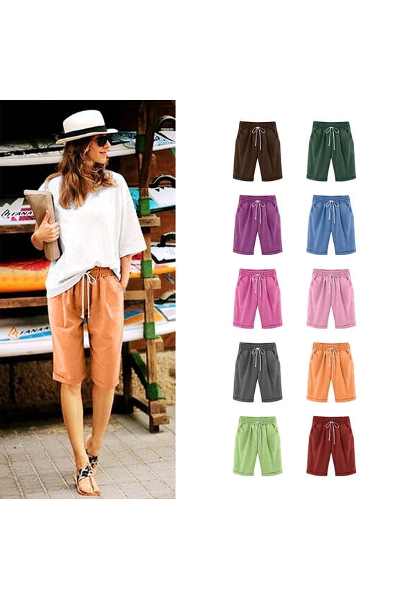 Women Shorts Sawvnm Women's Summer Solid Five Points Large Size Cotton Linen Pants Casual Pants Summer Gift Orange 5XL