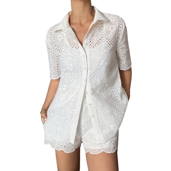Women Shorts Set 2 Piece Outfits Short Sleeve Button Down Top and Shorts Set White S