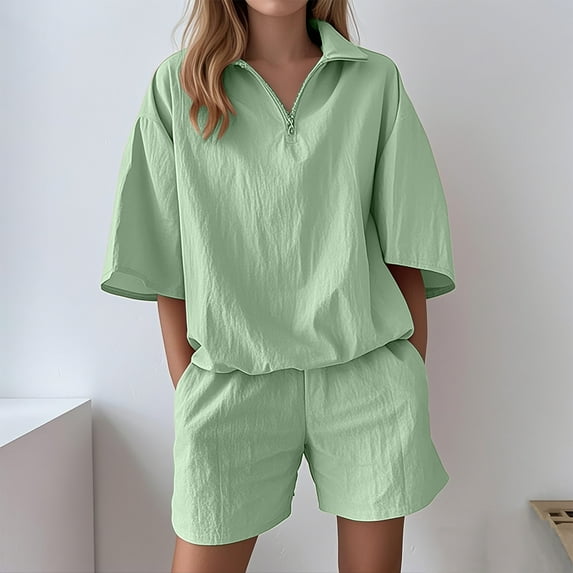 Women Shorts Set, Loose Casual 2-Piece Short Sleeve V Neck T-Shirts Lapel High Waist Shorts Loungewear Outfits Outfits for Women 2 Piece Sets Linen Green XXL