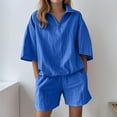 thumbnail image 1 of Women Shorts Set, Loose Casual 2-Piece Short Sleeve V Neck T-Shirts Lapel High Waist Shorts Loungewear Outfits Plus Size Two Piece Sets for Women Blue L, 1 of 6