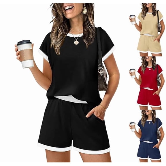 Women Shorts Sets 2-Piece Outfits Summer Casual Short Sleeve Beach Cruise Wear Lightweight Loungewear Black S