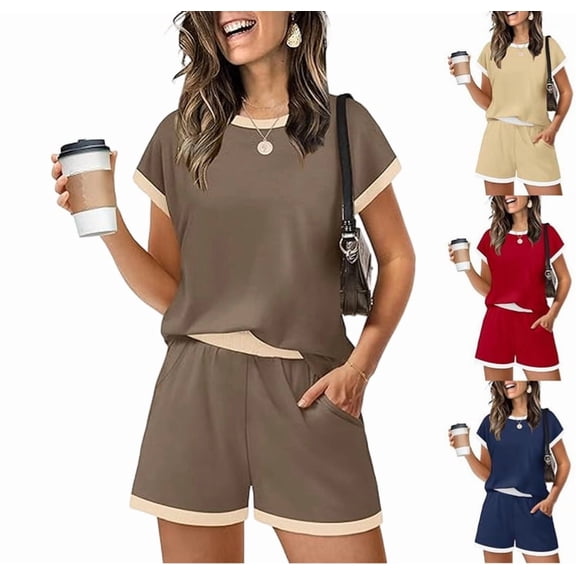 Women Shorts Sets 2-Piece Outfits Summer Casual Short Sleeve Beach Cruise Wear Lightweight Loungewear Navy L