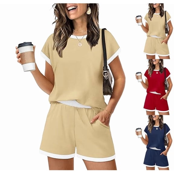 Women Shorts Sets 2-Piece Outfits Summer Casual Short Sleeve Beach Cruise Wear Lightweight Loungewear Yellow XXL