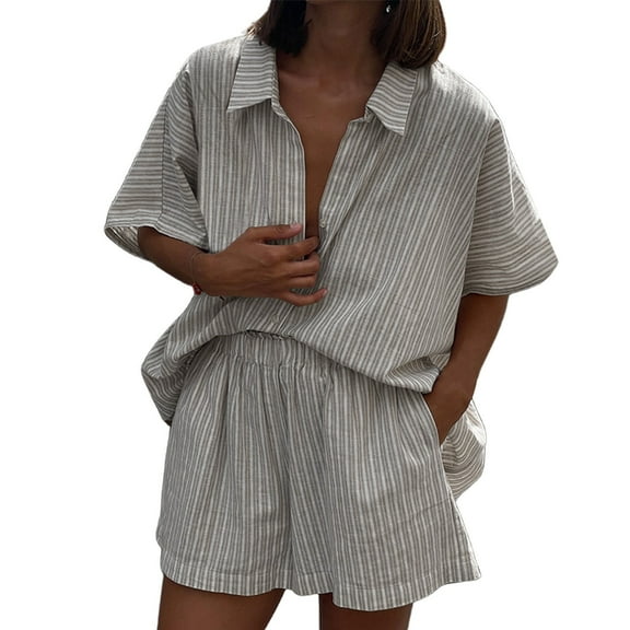 Women Shorts Sets Outfits Stylish Daily Wear Relaxed Fit Striped Short Sleeve Shirts Shorts Suit Summer Outfits For Women White L
