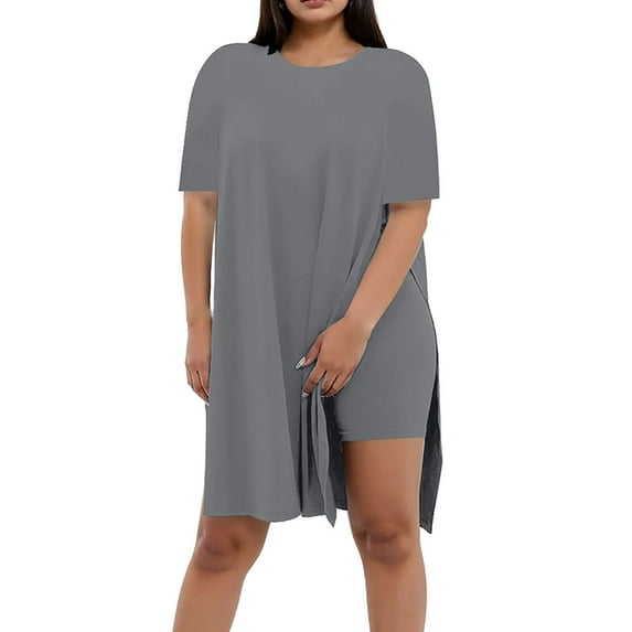Women Shorts Sets Outfits Stylish Daily Wear Short Sleeve Solid Plus Size Round Neck Long Shirt Shorts Set Summer Outfits For Women Grey L