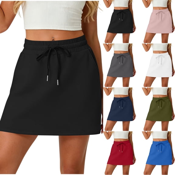 Women Shorts with Side Pockets A-Line Mini Skort Built-in Shorts Layer Soft Breathable Knit High Waist Adjustable Drawstring Active Lounge Wear,Blue,2XL