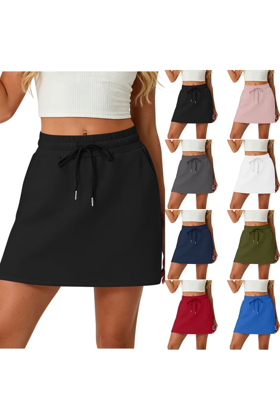 Women Shorts with Side Pockets A-Line Mini Skort Built-in Shorts Layer Soft Breathable Knit High Waist Adjustable Drawstring Active Lounge Wear,Blue,2XL
