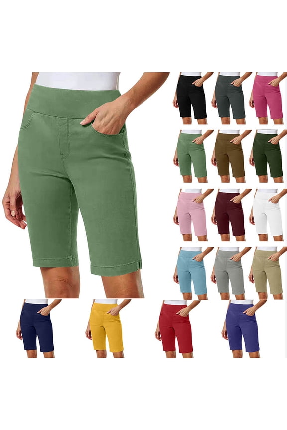 Women Shorts Solid Stretch Twill Thin Waist Shorts Pull On Regular Hiking Shorts Summer Casual With Pockets