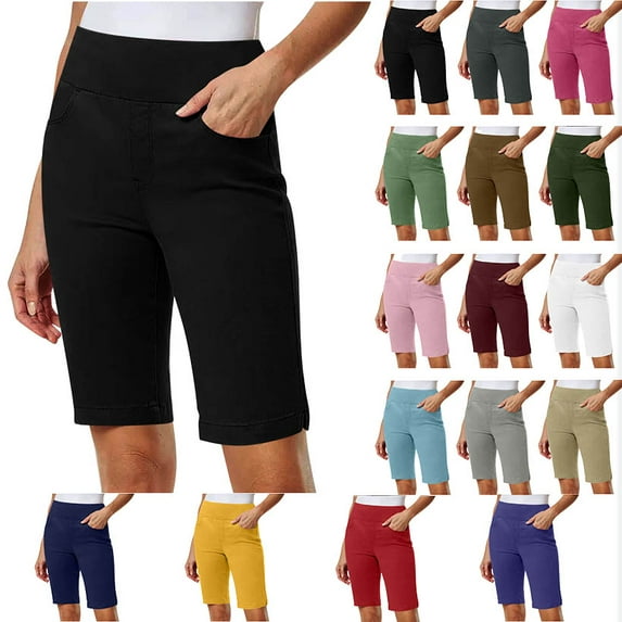 Women Shorts Solid Stretch Twill Thin Waist Shorts Pull On Regular Hiking Shorts Summer Casual With Pockets