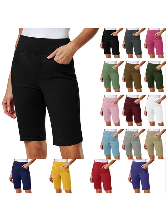 Women Shorts Solid Stretch Pull On Regular Summer Casual High Waist Yoga Half Shorts Pants