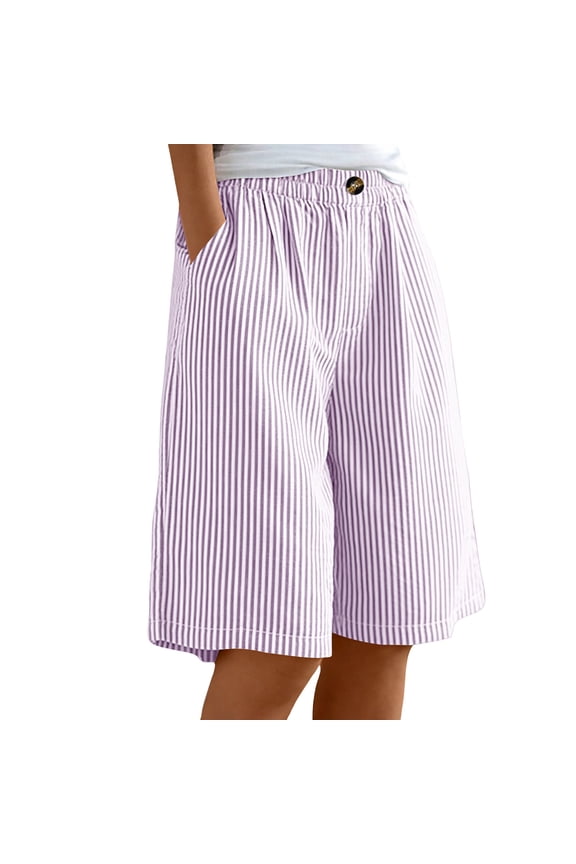 Women Shorts Striped Print Elastic Waist Shorts Cotton Linen Mid Length Bottoms Loose Comfy Lounge Pants Summer Casual Wear