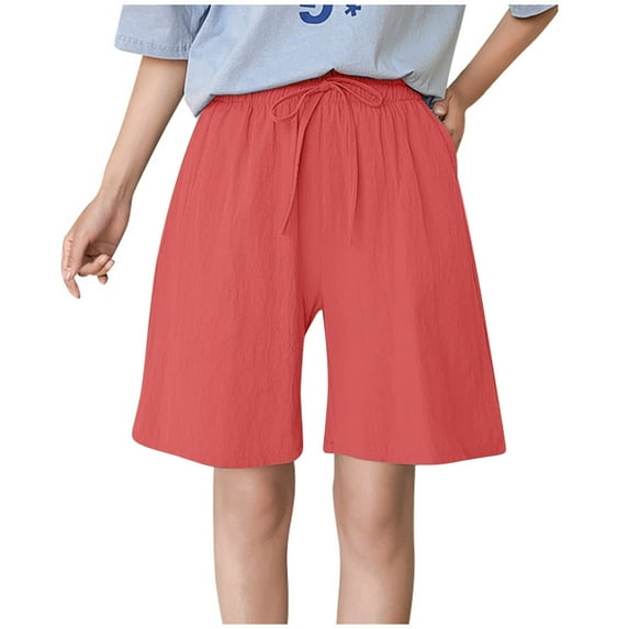 Women Shorts Summer Fashion Casual Shorts Solid Color Cotton Linen Breathable Loose Medium Pants Women Pants Orange M