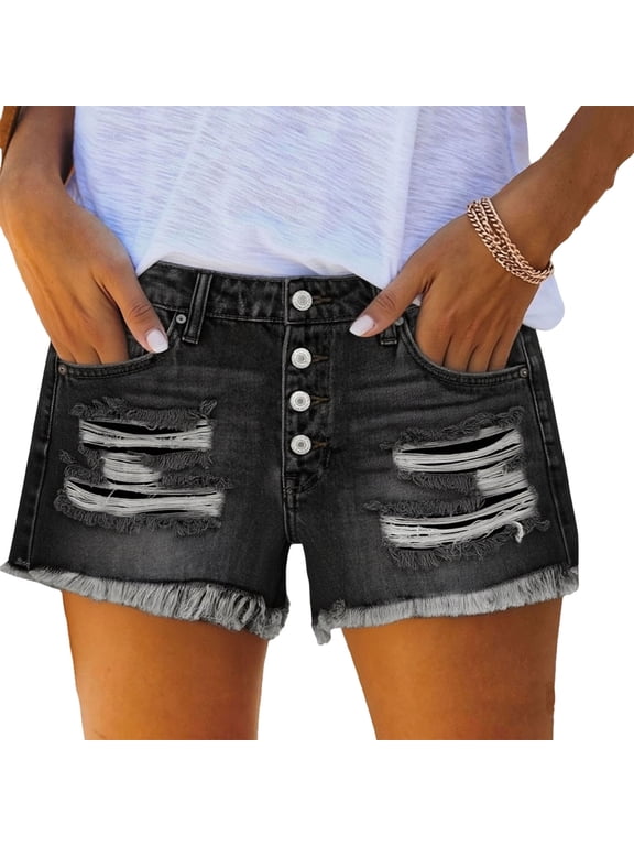 Women Shorts Summer Frayed Hem Denim Shorts Casual Ripped Cutoff Trendy High Waisted Hot Pants Lightweight Washed Distressed Cut Off Short Jeans with Pockets XS-XL