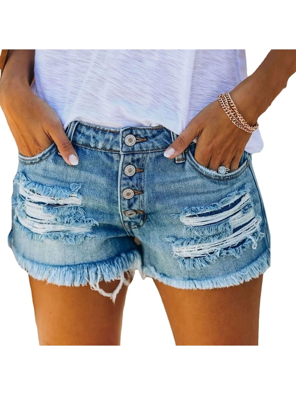 Women Shorts Summer Frayed Hem Denim Shorts Casual Ripped Cutoff Trendy High Waisted Hot Pants Lightweight Washed Distressed Cut Off Short Jeans with Pockets XS-XL