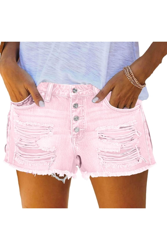 Women Shorts Summer Frayed Hem Denim Shorts Casual Ripped Cutoff Trendy High Waisted Hot Pants Lightweight Washed Distressed Cut Off Short Jeans with Pockets XS-XL