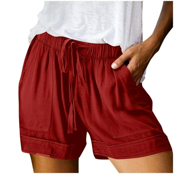 Women Shorts Summer Solid Color Elastic High Waist Tie Shorts Drawstrings Stretch Loose Shorts