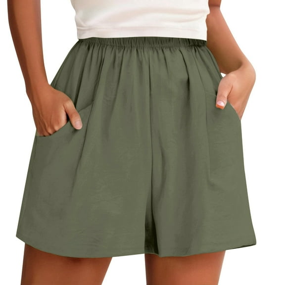 Women Shorts Summer Solid Wide Leg Mid Thigh Shorts with Pocket Casual Beach Shorts Breathable Lightweight Home Wear Women Running Shorts Army Green L