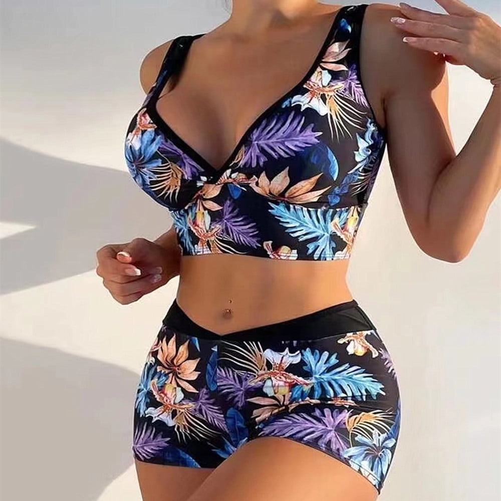 Women Shorts Swimsuit High Waist Leaves Print Deep-v Sexy